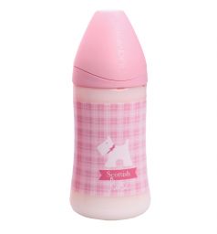 Бутылочка Suavinex Антиколиковая с силиконовой анатомической соской полипропилен 0-6 мес, 270 мл, цвет: бледно-розовый/белая собачка