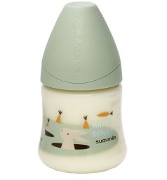 Бутылочка Suavinex Антиколиковая с силиконовой анатомической соской полипропилен 0-6 мес, 150 мл, цвет: зеленый/кролик