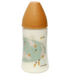 Бутылочка Suavinex Антиколиковая с анатомической латексной соской полипропилен 0-6 мес, 270 мл, цвет: оранжевый/кролик