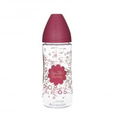 Бутылочка Suavinex Haute Couture с силиконовой круглой соской полипропилен с рождения, 360 мл, цвет: розовый/цветы