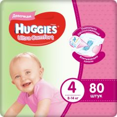 Подгузники Huggies Ultra Comfort 4 для девочек 8-14 кг, 80шт.
