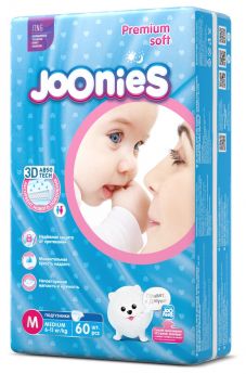 Подгузники Joonies Premium Soft, размер M (6-11кг), 60шт.