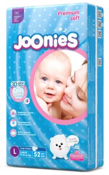 Подгузники Joonies Premium Soft, размер L (9-14кг), 52шт.