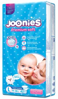Подгузники Joonies Premium Soft, размер L (9-14кг), 42шт.