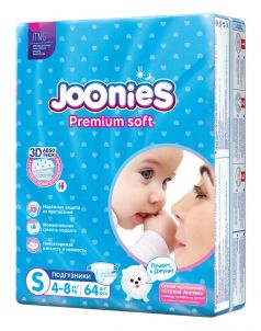 Подгузники Joonies Premium Soft, размер S (4-8кг), 64шт.