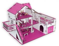 Сборный кукольный домик Эlen Toys с террасой и мебелью, малиновый