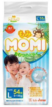 Японские подгузники Momi Monkey Megabox L (9-14кг), 54*2шт.