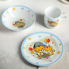 Набор детской посуды Доляна "Тигрята", 3 предмета: кружка 250мл, миска 400мл, тарелка 18см