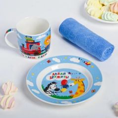 Набор детской посуды "Весёлый поезд", кружка 250мл, тарелка 17см, полотенце 15см