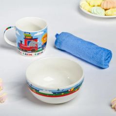 Набор посуды "Весёлый поезд": кружка 250мл, тарелка глубокая 430мл, полотенце 30х30см