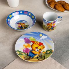 Набор детской посуды Доляна "Мишка на велосипеде", 3 предмета: кружка 230мл, миска 400мл, тарелка 18см