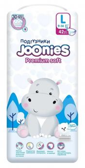 Подгузники Joonies Premium Soft, размер L (9-14кг), 42шт.