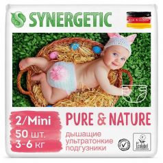 Дышащие ультратонкие детские подгузники Synergetic Pure&Nature, размер 2/MINI, 50шт.