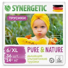Дышащие ультратонкие детские подгузники-трусики Synergetic Pure&Nature, размер 6/XL, 36шт.