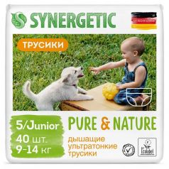 Дышащие ультратонкие детские подгузники-трусики Synergetic Pure&Nature, размер 5/JUNIOR, 40шт.