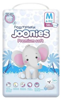 Подгузники Joonies Premium Soft, размер M (6-11кг), 58шт.