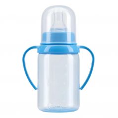 Курносики Бутылочка для кормления с ручками и силиконовой соской молочной, 125 мл, голубой, без принта