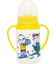 Курносики Бутылочка для кормления с ручками и силиконовой соской молочной, 125 мл, желтый, курносики из сказки