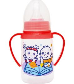 Курносики Бутылочка для кормления с ручками и силиконовой соской молочной, 125 мл, красный, курносики на лошадке