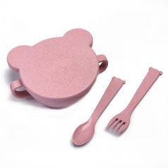 Набор ЭКО посуды Little Angel Bear: миска с крышкой, ложка и вилка, розовый