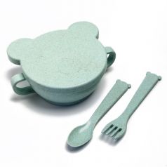 Набор ЭКО посуды Little Angel Bear: миска с крышкой, ложка и вилка, зеленый